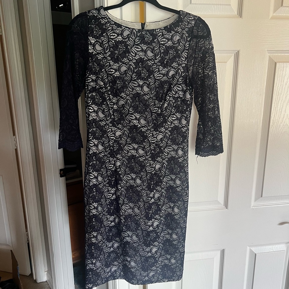 Dress, Navy lace over white.